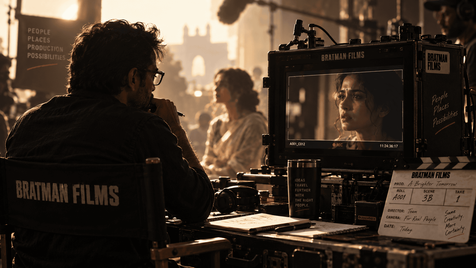 A producer at the monitor on set
