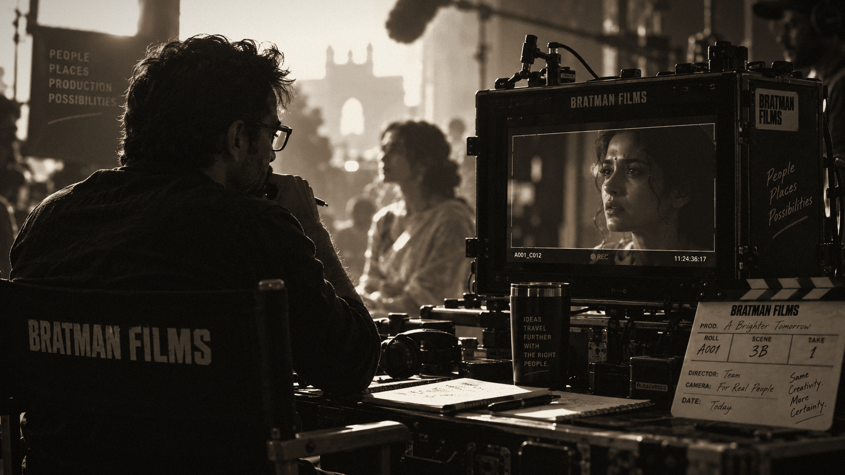 A director watching a take on the Bratman Films monitor on set