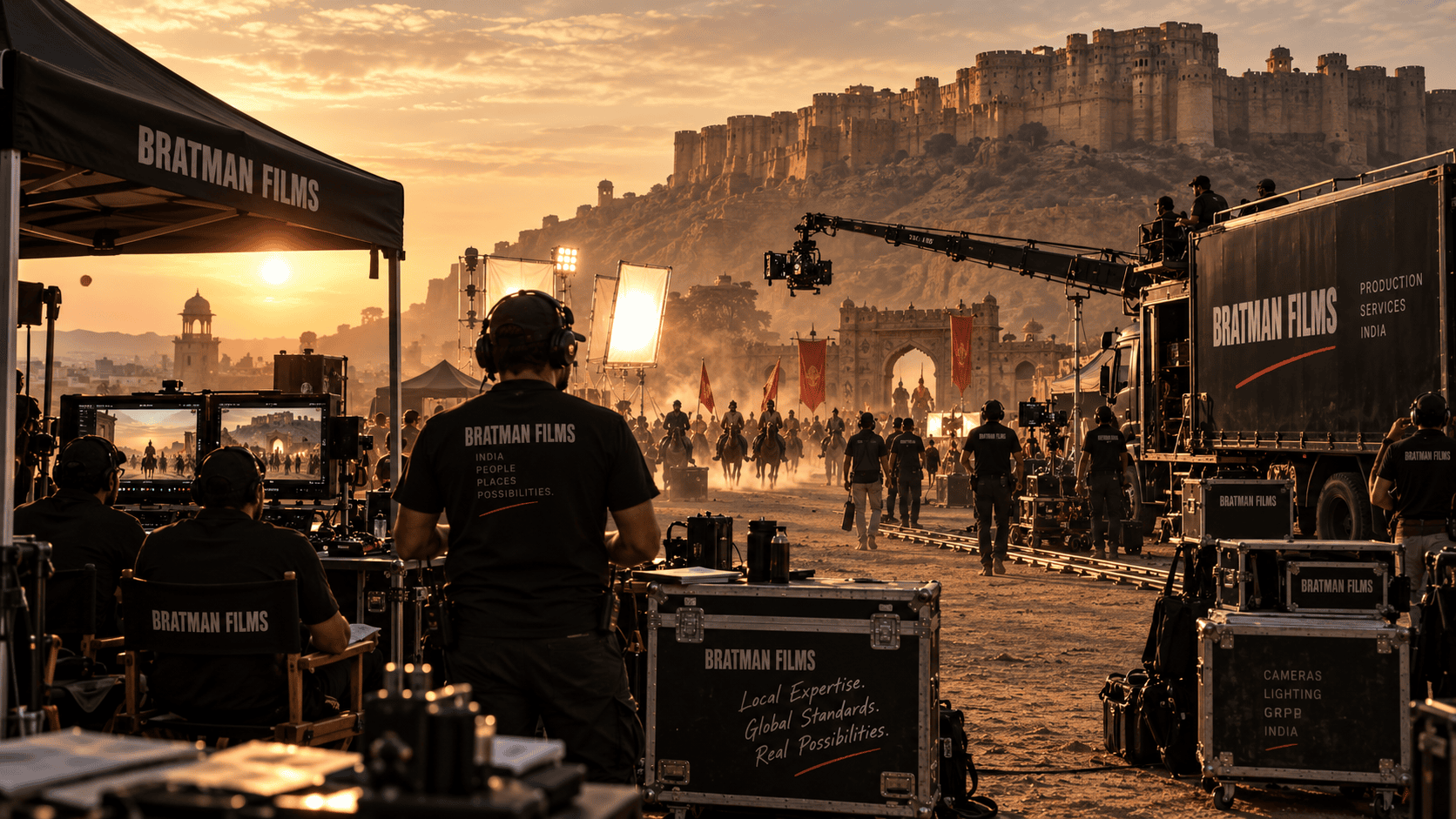 A film unit on location at a heritage fort in India
