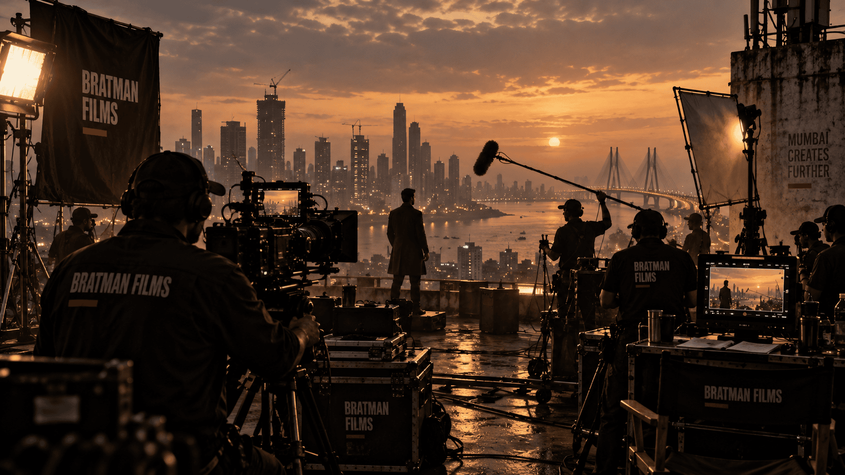 A film unit shooting on a Mumbai rooftop at sunset